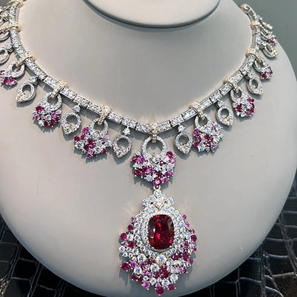 Collier de luxe en argent sterling 925 avec Rubis et Diamants Haut Carbone