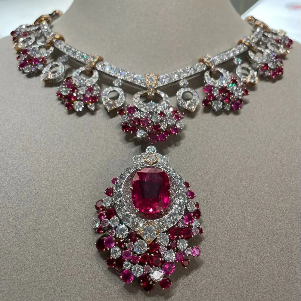 Collier de luxe en argent sterling 925 avec Rubis et Diamants Haut Carbone