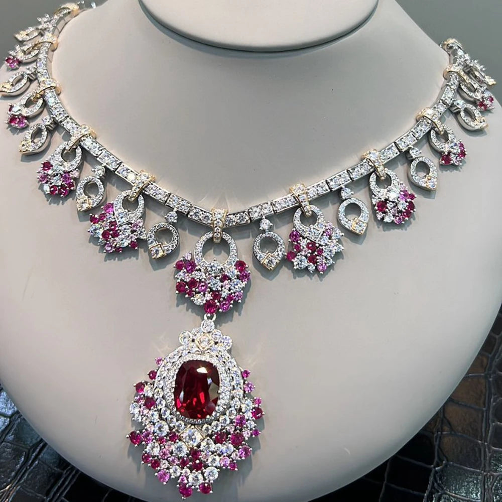 Collier de luxe en argent sterling 925 avec Rubis et Diamants Haut Carbone