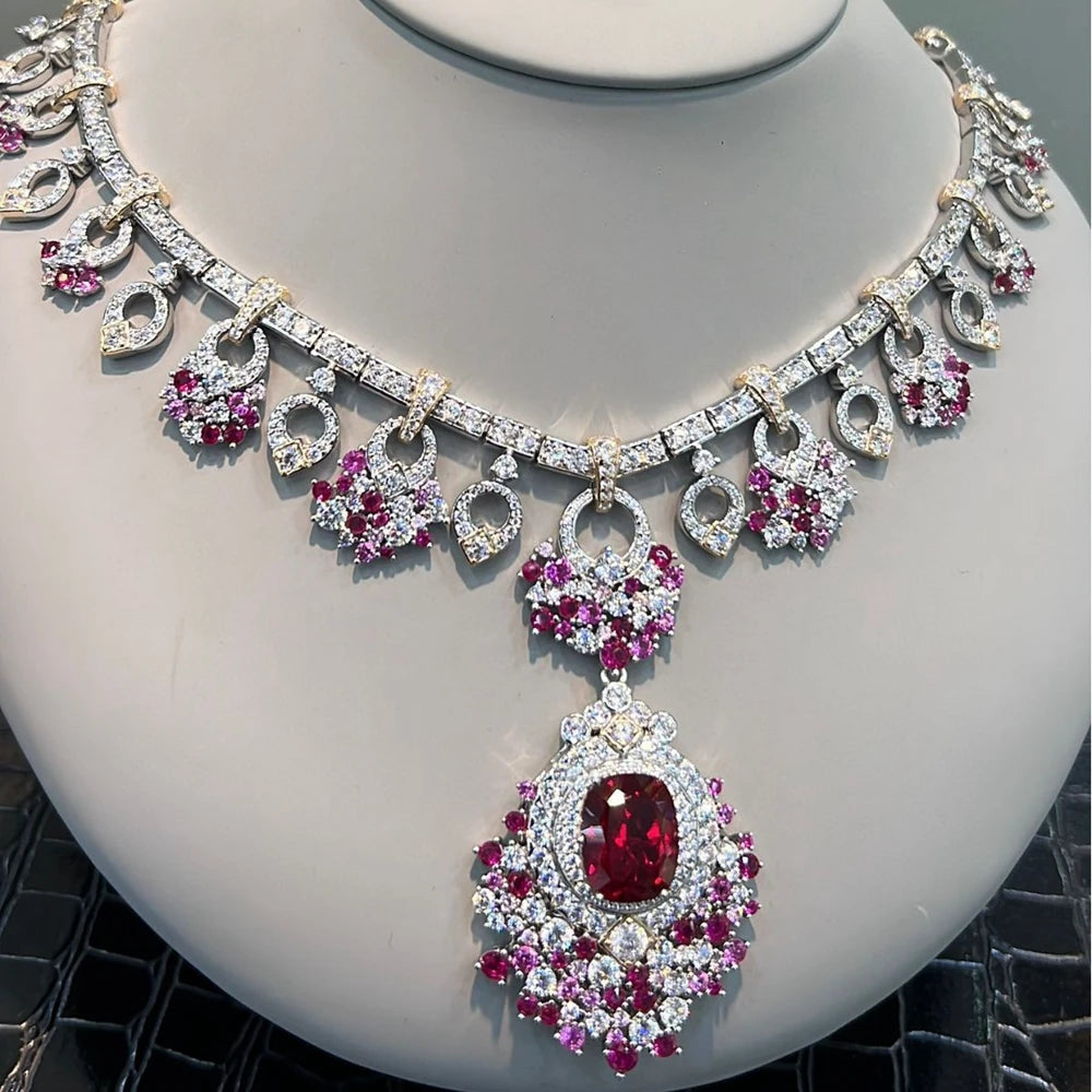Collier de luxe en argent sterling 925 avec Rubis et Diamants Haut Carbone